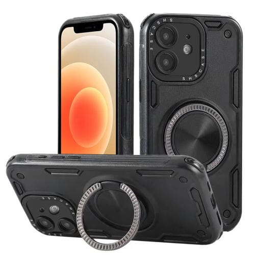 Funda magnética con rotación de 360 grados y mecanismo de tres núcleos para iPhone 12 (negra)