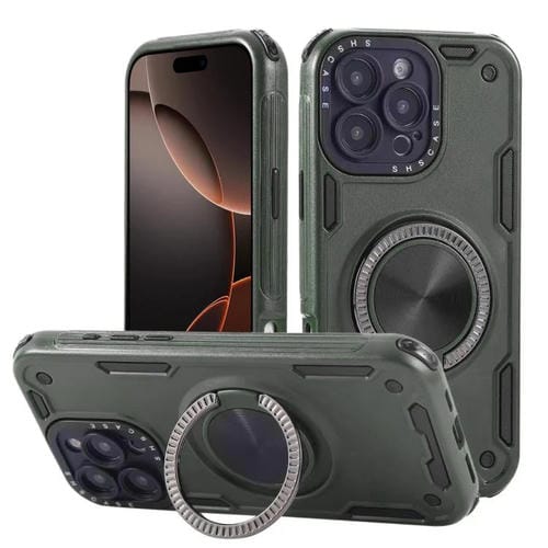 Funda magnética de tres núcleos con rotación de 360 grados para iPhone 16 Pro Max (verde militar)