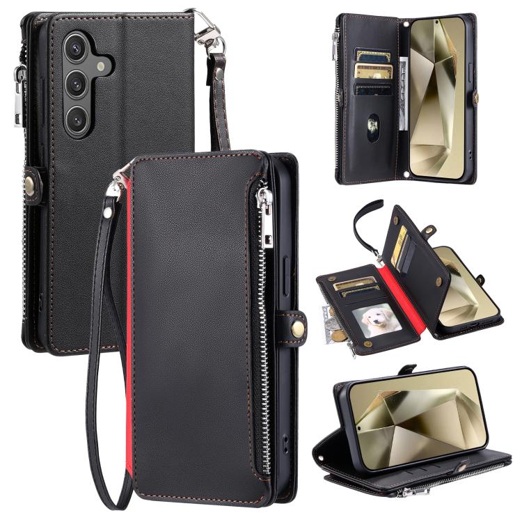 Funda de cuero con cremallera y ranura para múltiples tarjetas para Samsung Galaxy S25 FE 5G (negro)