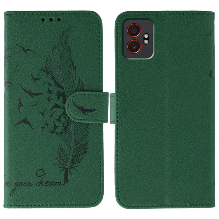 Funda de cuero con textura de lichi y estampado de plumas para Samsung Galaxy XCover7 Pro (verde)