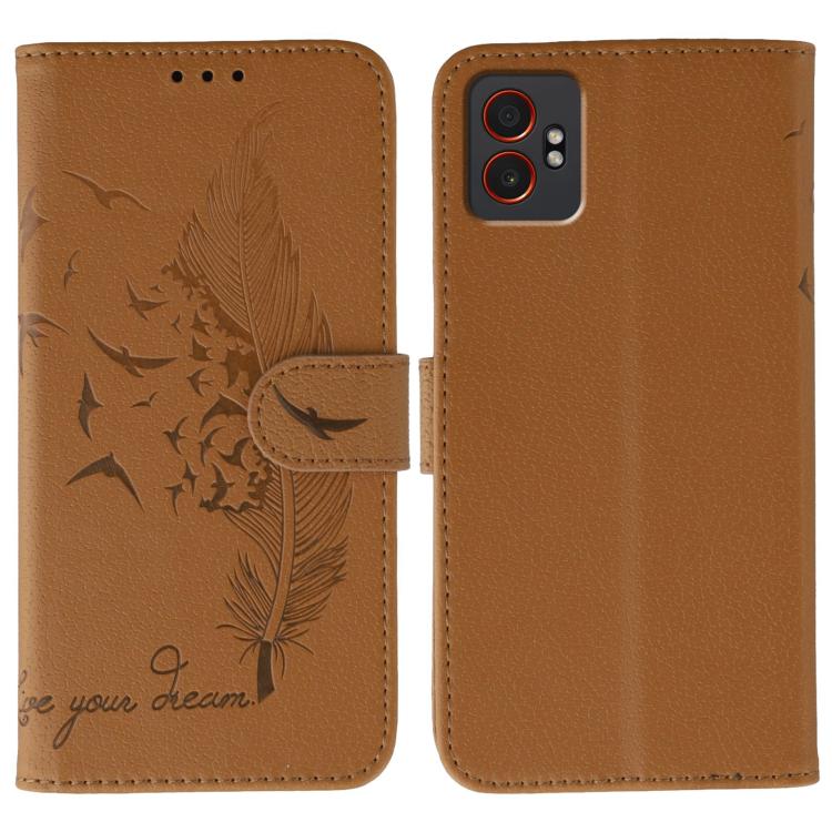 Funda de cuero con textura de lichi y estampado de plumas para Samsung Galaxy XCover7 Pro (marrón)