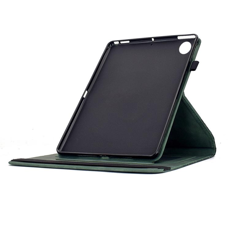 Funda de cuero inteligente con relieve y bloques de construcción giratorios para Samsung Galaxy Tab A9+ (verde)