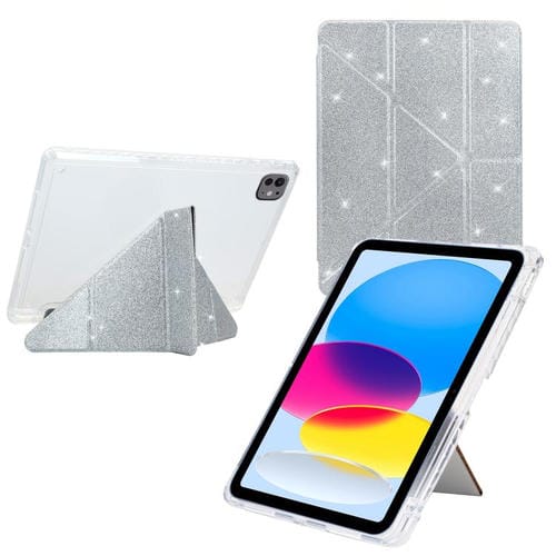 Funda plegable en Y de acrílico transparente con purpurina y cuero inteligente para iPad Air 13 (2024/2025/Pro 12.9) (plateada)