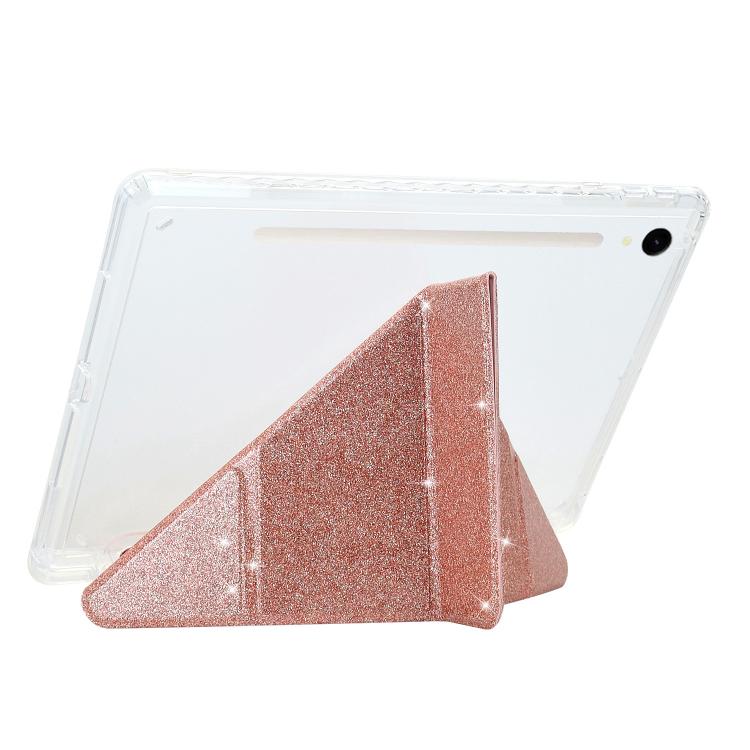 Funda plegable en Y de acrílico transparente con purpurina para Samsung Galaxy Tab S10 FE/S9 (oro rosa)