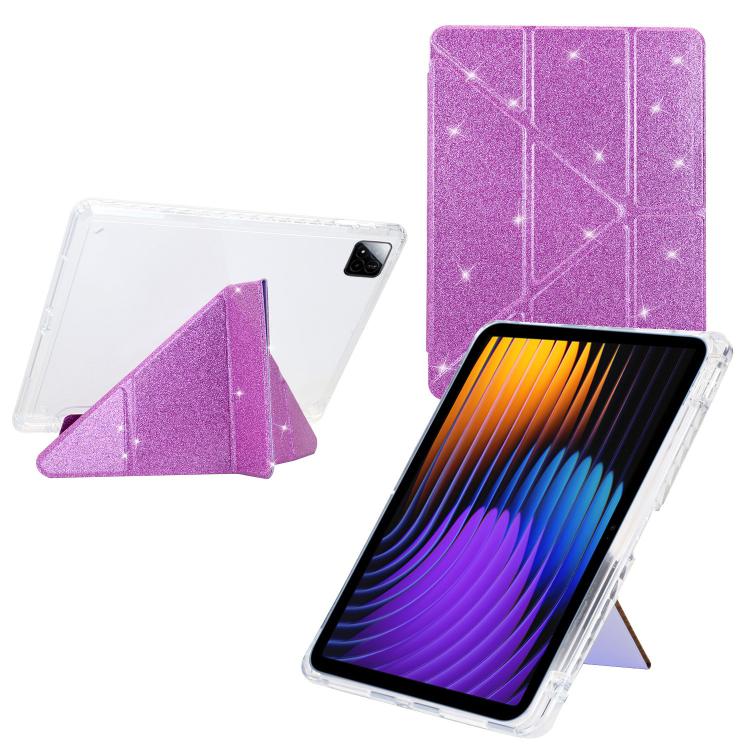 Funda de cuero inteligente con purpurina acrílica transparente plegable en Y para Xiaomi Pad 7/7 Pro (morado)