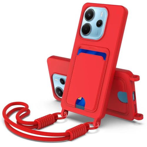 Funda de silicona líquida de color sólido para Redmi Note 14 4G (163,25 mm), con tarjetero integrado, Gen2, con cordón corto (rojo)