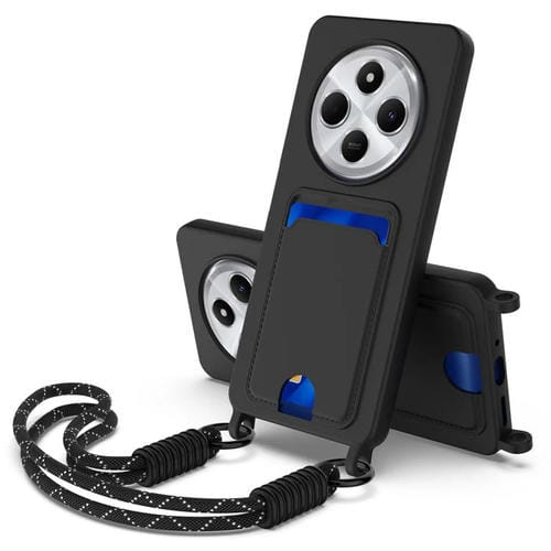 Funda de silicona líquida de color sólido para Redmi 14C 4G / 14R 5G / A4 5G con tarjetero integrado, Gen2, con cordón corto (negro)