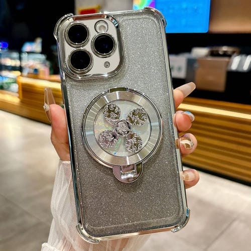Funda con soporte giratorio para iPhone 11 Pro Max con purpurina degradada (plateada)