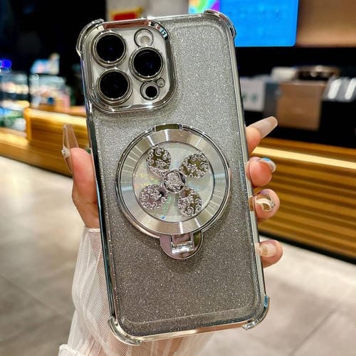 Funda con soporte giratorio para iPhone 12 Pro con purpurina degradada (plateada)