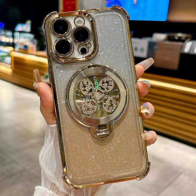 Funda con soporte giratorio para iPhone 12 Pro Max con purpurina degradada (dorada)