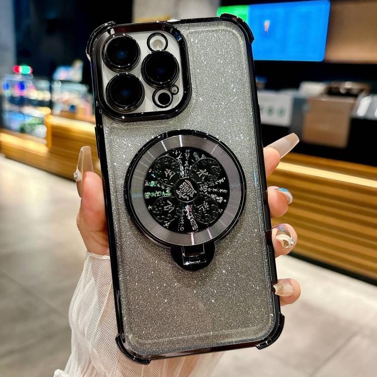 Funda con soporte giratorio para iPhone 14 Pro con purpurina degradada (negra)