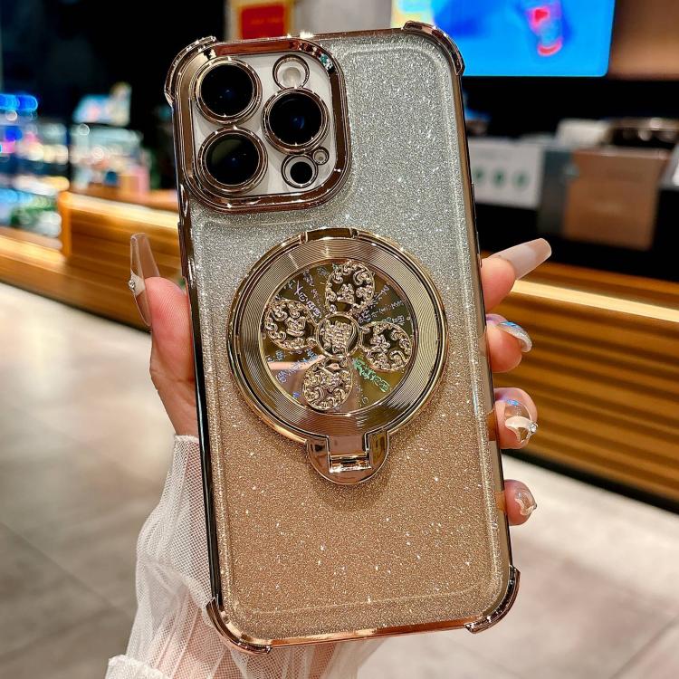 Funda con soporte giratorio para iPhone 14 Pro con purpurina degradada (dorado desierto)
