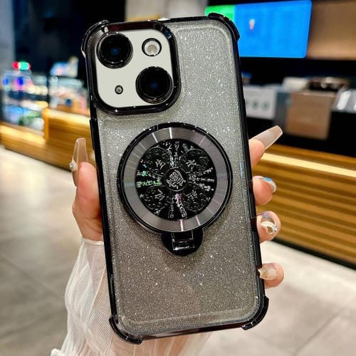 Funda con soporte giratorio con purpurina degradada para iPhone 15 (negra)