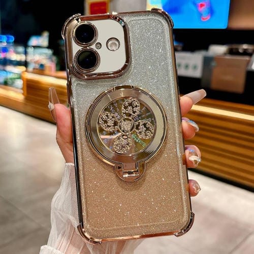 Funda con soporte giratorio para iPhone 16 Plus con purpurina degradada (dorado desierto)