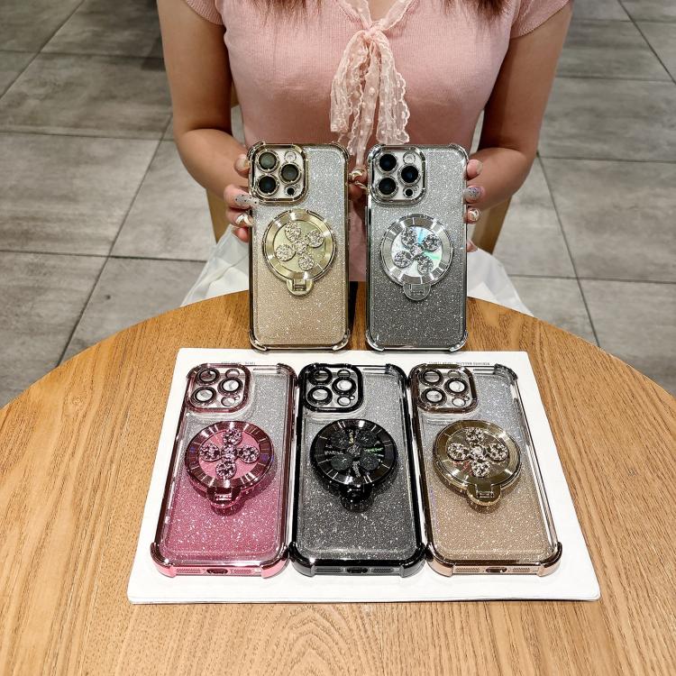 Funda con soporte giratorio con purpurina degradada para iPhone 15 (negra)