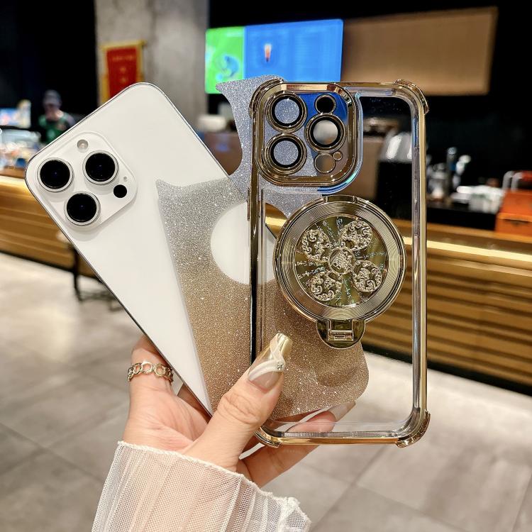 Funda con soporte giratorio para iPhone 14 Pro con purpurina degradada (dorado desierto)