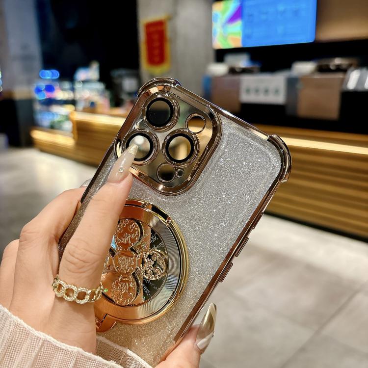 Funda con soporte giratorio para iPhone 15 Plus con purpurina degradada (dorada)
