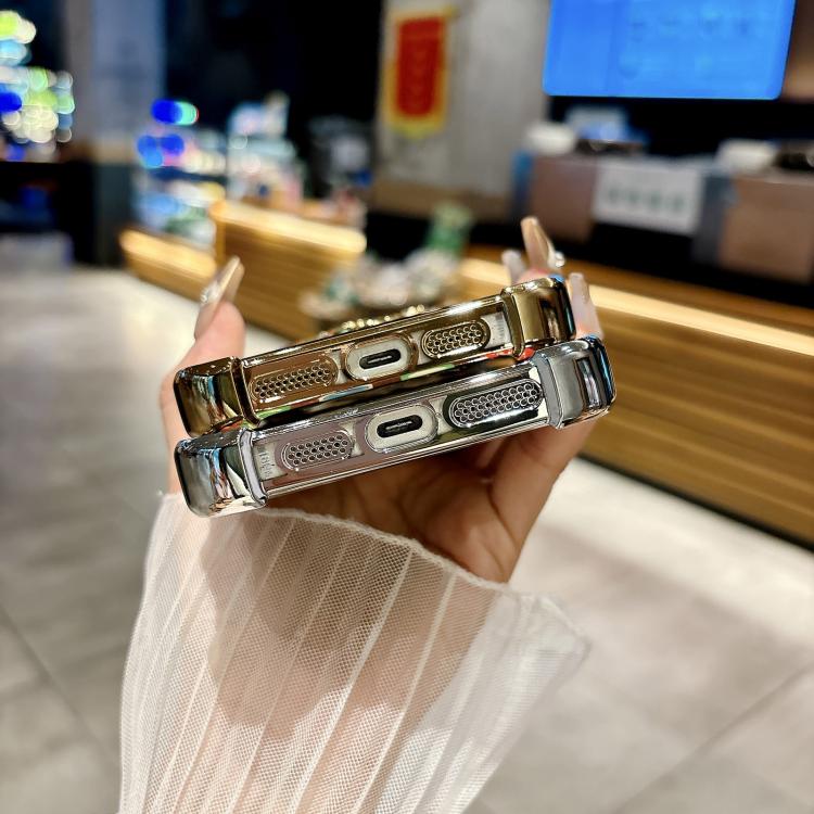 Funda con soporte giratorio para iPhone 14 Pro con purpurina degradada (dorado desierto)