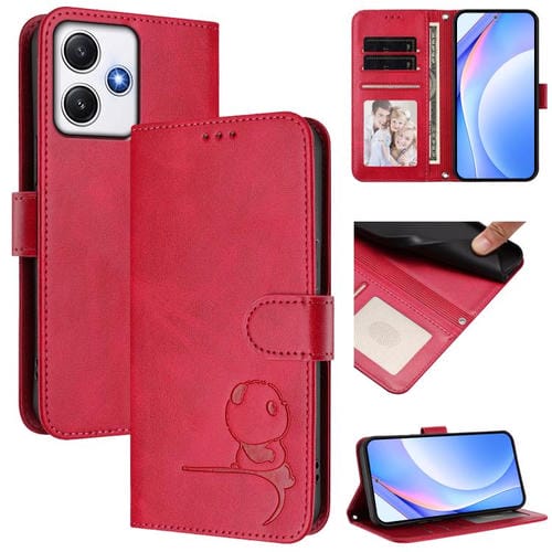 Funda de cuero RFID con estampado de panda y cordón para Redmi 12 4G / 12 5G Global / India (rosa)