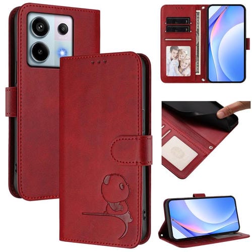 Funda de cuero RFID con estampado de panda y cordón para Redmi Note 13 Pro 5G / Poco X6 (rojo vino)