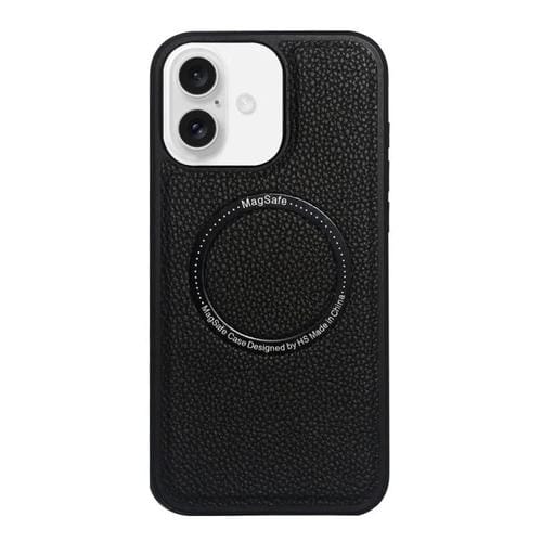Funda trasera MagSafe de PU con textura de lichi para iPhone 16 (negra)