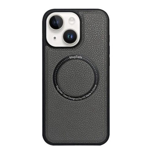 Funda trasera MagSafe de PU con textura de lichi para iPhone 15 (gris)