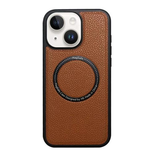 Funda trasera MagSafe de PU con textura de lichi para iPhone 15 (marrón)