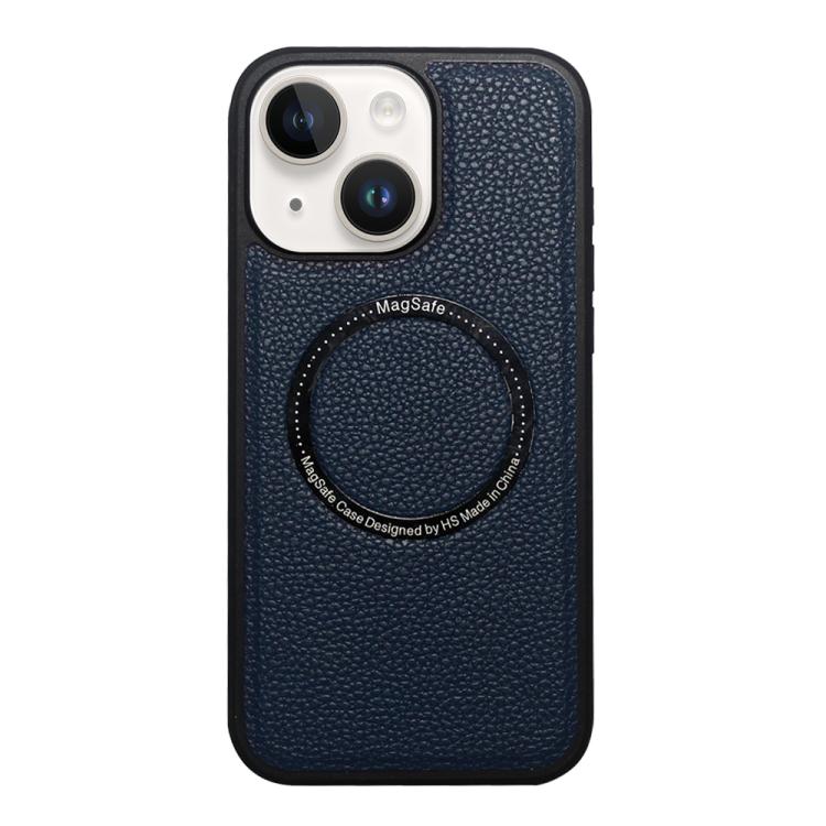 Funda trasera MagSafe de PU con textura de lichi para iPhone 14/13 (azul)