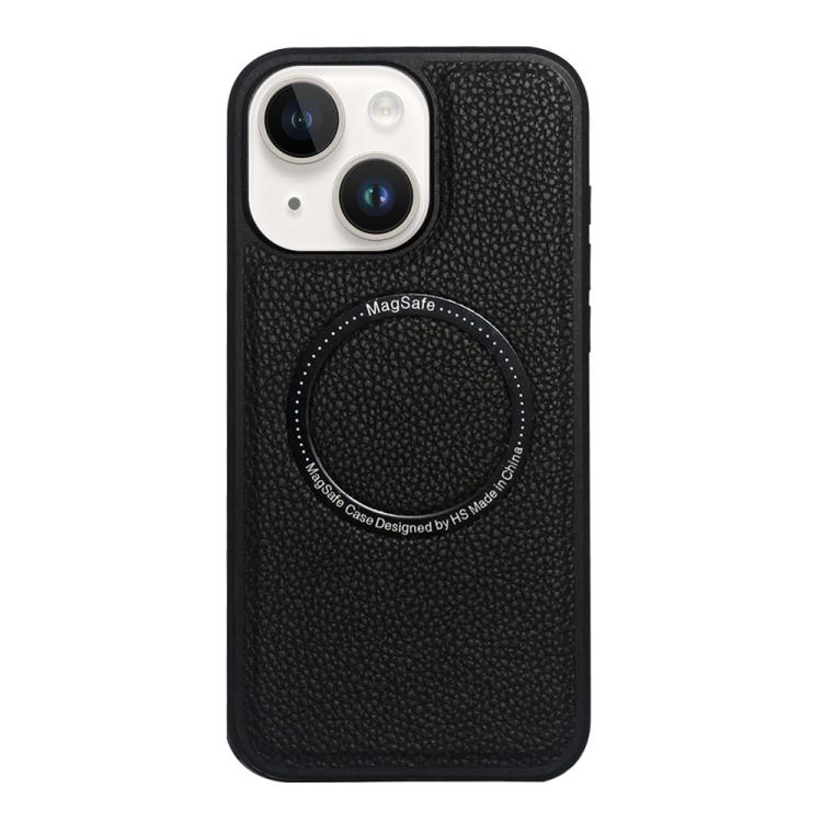 Funda trasera MagSafe de PU con textura de lichi para iPhone 14/13 (negra)