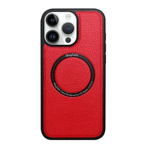 Funda trasera MagSafe de PU con textura de lichi para iPhone 14 Pro (roja)