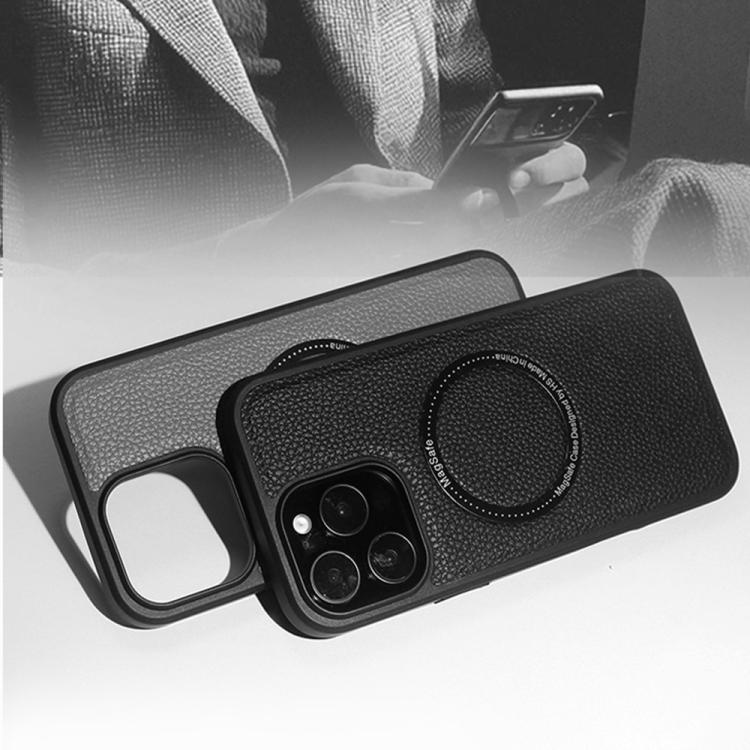 Funda trasera MagSafe de PU con textura de lichi para iPhone 14 Pro (roja)
