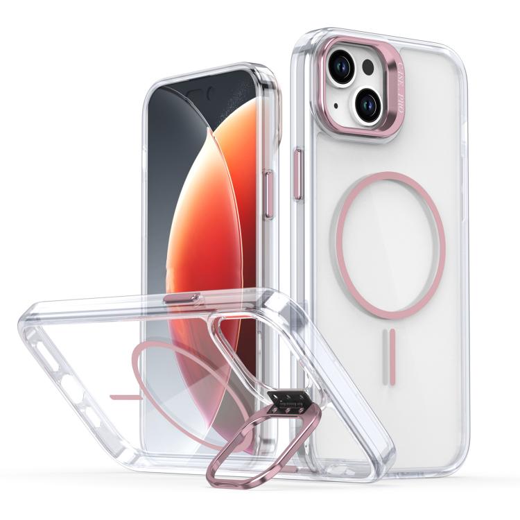 Funda para iPhone 15 Plus con marco de lente MagSafe transparente y brillante (rosa)