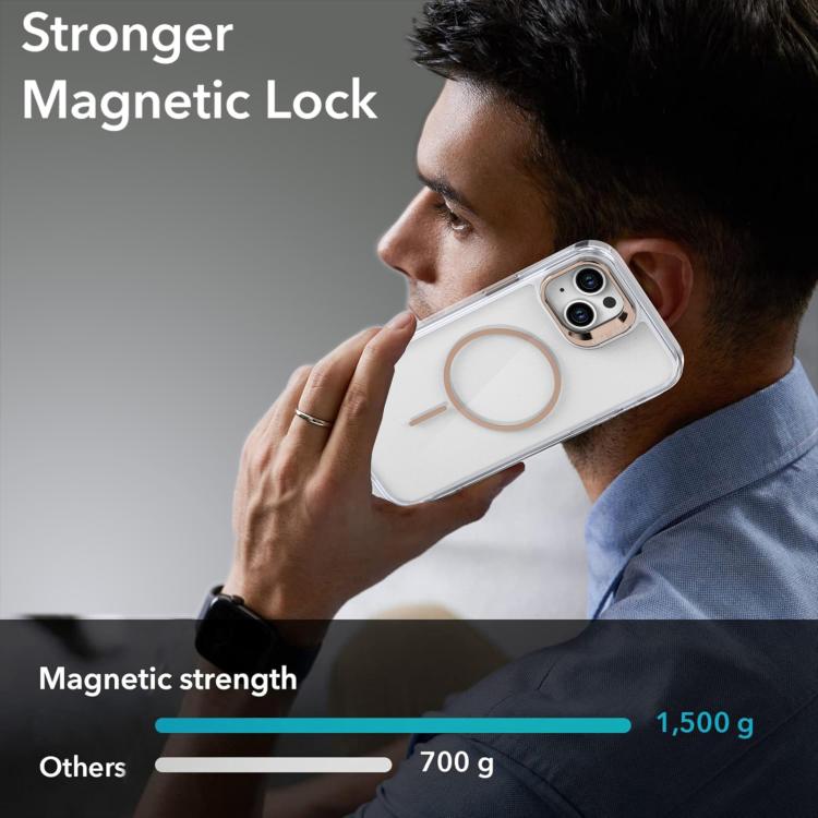Funda para iPhone 15 con marco de lente MagSafe transparente y brillante (blanco)