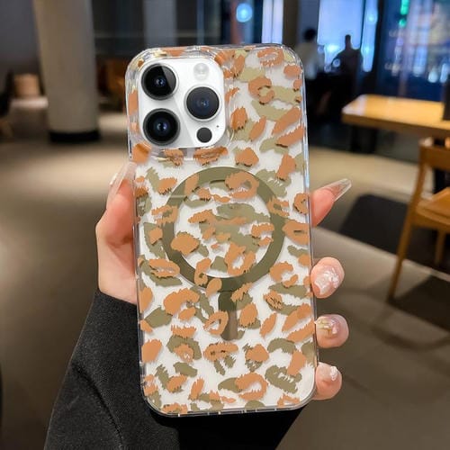 Funda para iPhone 14 Pro Leopard MagSafe con laminado de doble cara IMD (café amarillo)