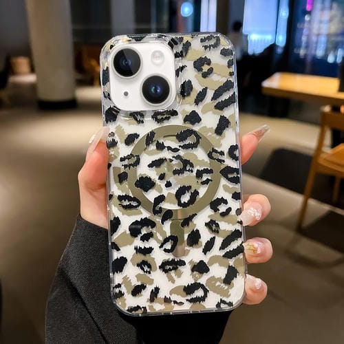 Funda Leopard MagSafe con laminado IMD de doble cara para iPhone 15 (negro y marrón)