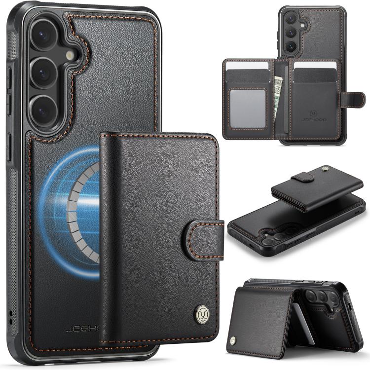 Funda de cuero con hebilla magnética para Samsung Galaxy S25+ 5G JEEHOOD J09, con ranuras para tarjetas, estilo RFID y MagSafe (negra)