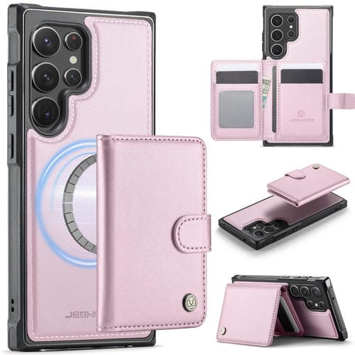 For Samsung Galaxy S22 Ultra 5G JEEHOOD J09 Buckle Card Bag MagSafe Magnetic Style RFID Leather Phone Case(Pink)