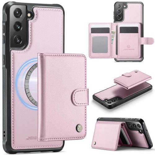 For Samsung Galaxy S22 5G JEEHOOD J09 Buckle Card Bag MagSafe Magnetic Style RFID Leather Phone Case(Pink)