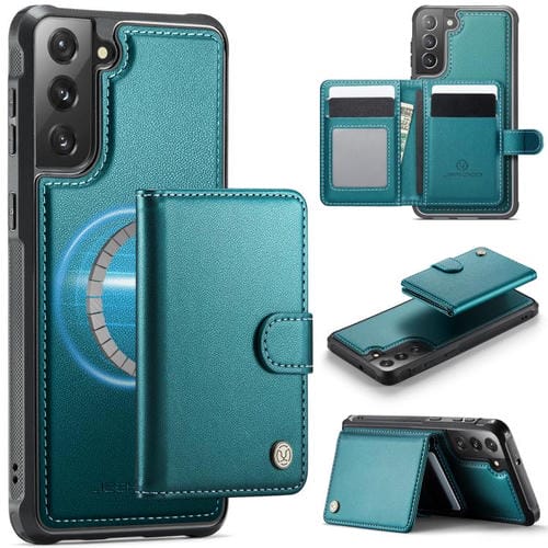 For Samsung Galaxy S22 5G JEEHOOD J09 Buckle Card Bag MagSafe Magnetic Style RFID Leather Phone Case(Green)