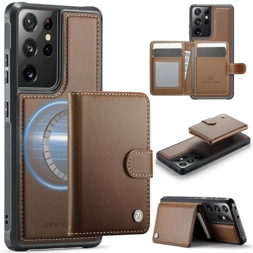 Funda de cuero con hebilla magnética para Samsung Galaxy S21 Ultra 5G JEEHOOD J09, con ranuras para tarjetas, estilo RFID y MagSafe (marrón)
