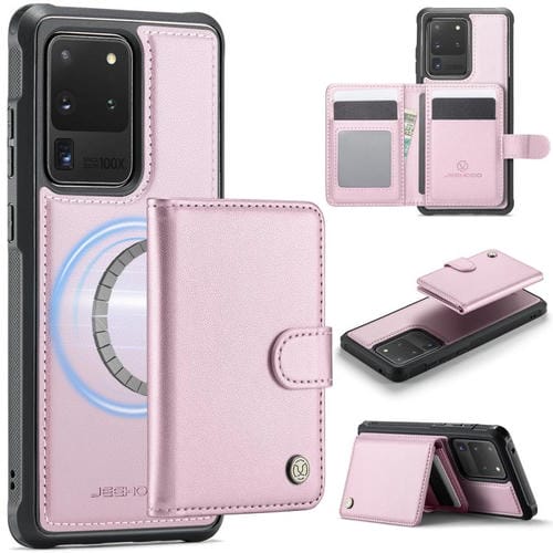 Funda de cuero con hebilla magnética para Samsung Galaxy S20 Ultra 5G JEEHOOD J09, con ranuras para tarjetas, estilo RFID y MagSafe (rosa)