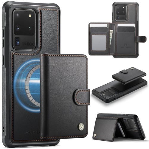 Funda de cuero con hebilla magnética para Samsung Galaxy S20 Ultra 5G JEEHOOD J09, con ranuras para tarjetas, estilo RFID y MagSafe (negro)