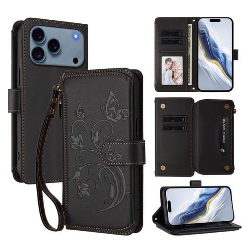 Funda de cuero con cremallera para iPhone 17 Pro Max, diseño de mariposas, flores y amor, con múltiples tarjetas (negro)