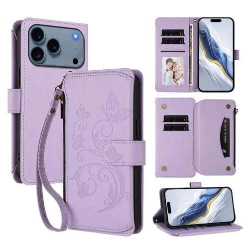 Funda de cuero con cremallera para iPhone 17 Pro Max, diseño de mariposas, flores y amor (morado claro)