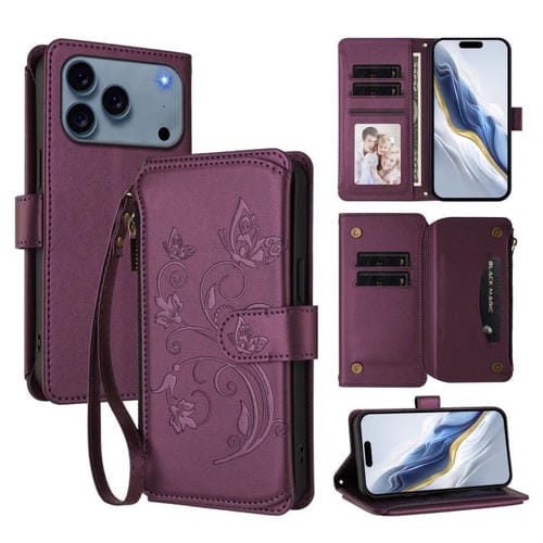 Funda de cuero con cremallera para iPhone 17 Pro, diseño de mariposas, flores y amor (morado oscuro)