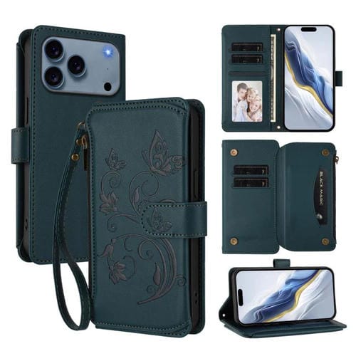 Funda de cuero con cremallera para iPhone 17 Pro, diseño de mariposas, flores y amor (verde oscuro)