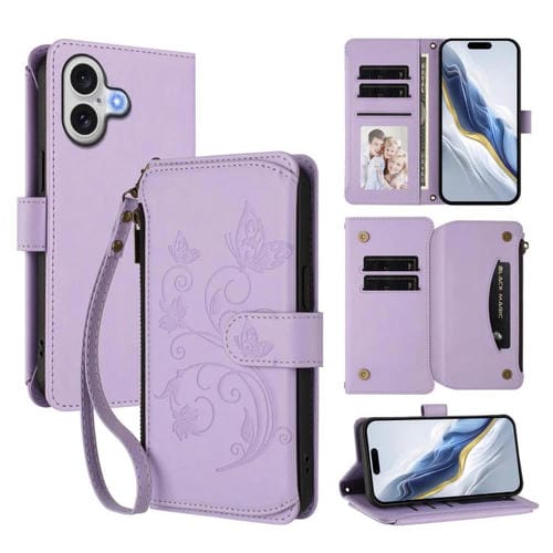 Funda de cuero con cremallera para iPhone 17, diseño de mariposas, flores y amor (morado claro)