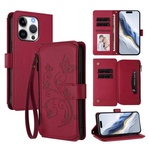 Funda de cuero con cremallera para iPhone 16 Pro Max, diseño de mariposas, amor y flores, con múltiples tarjetas (rojo vino)