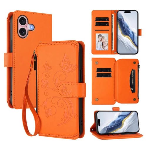 Funda de cuero con cremallera para iPhone 16, diseño de mariposas, flores y amor (naranja)