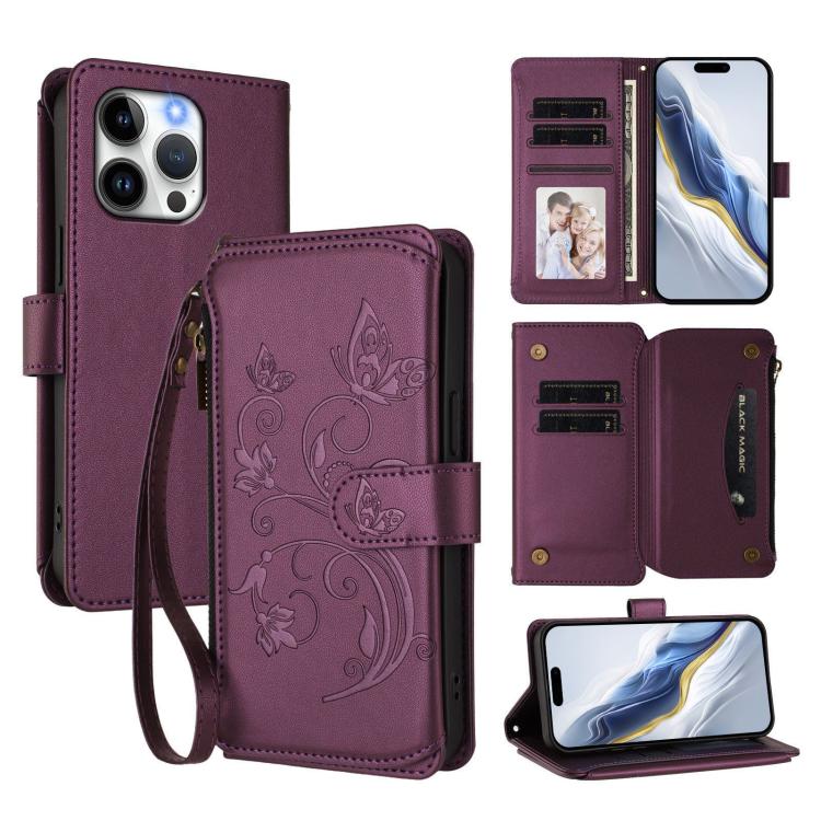 Funda de cuero con cremallera para iPhone 15 Pro, diseño de mariposas, flores y amor (morado oscuro)